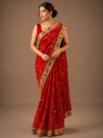 Ranas Premium Red Bandhej Saree