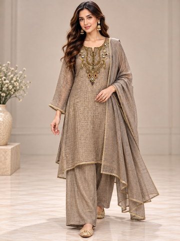 Ranas Grey Crush Tissue Embroidered Three-Piece Suit Set