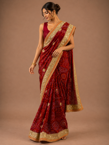 Ranas Red Bandhej Saree with Marori Work