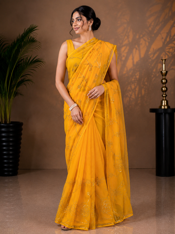 Ranas Mustard Yellow Color Sequins Work Designer Saree