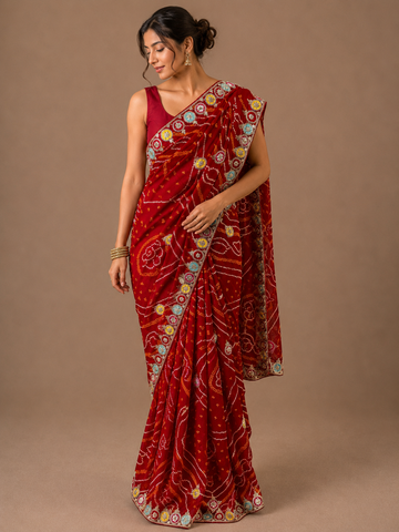 Ranas Designer Red Bandhej Saree for Festive Wear