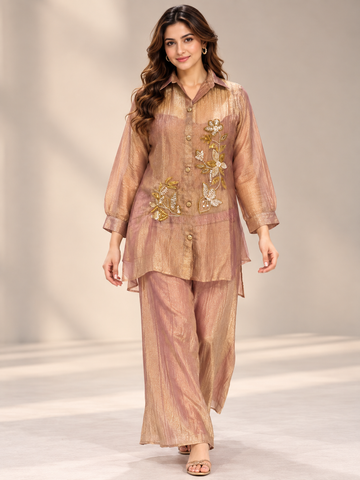 Ranas Peach Color Crush Tissue Embellished Co-Ord Set
