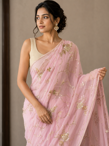 Ranas Peachy Pink sequine work Designer saree