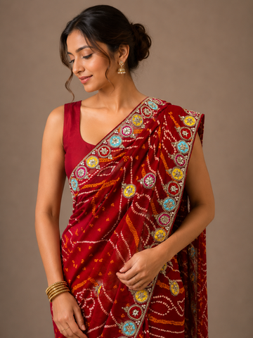 Ranas Designer Red Bandhej Saree for Festive Wear