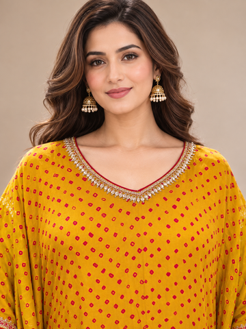 Ranas Mustard Bandhej Gajji Silk Embroidered Kaftan