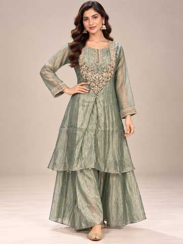 Ranas Sea Green Tissue Embroidered Two-Piece Suit Set