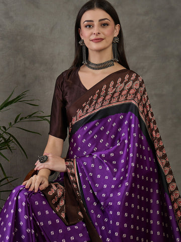 Ranas Brown & Purple Printed Designer Saree