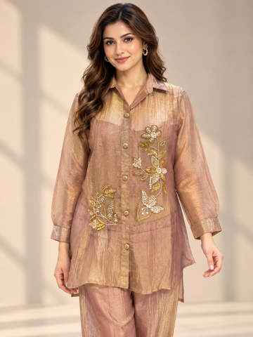 Ranas Peach Color Crush Tissue Embellished Co-Ord Set