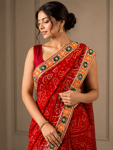 Ranas Premium Red Bandhej Saree