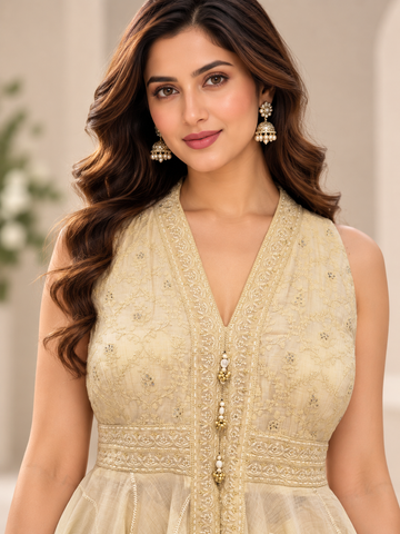 Ranas Beige Chanderi Indo-Western Set