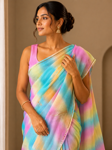 Ranas Pure Chiffon Aari & Sequins Work Leheriya Saree