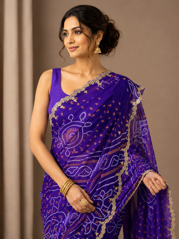 Ranas Purple Shaded Handcrafted Bandhani Saree