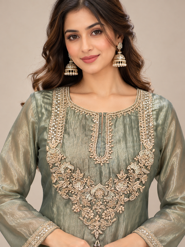 Ranas Sea Green Tissue Embroidered Two-Piece Suit Set