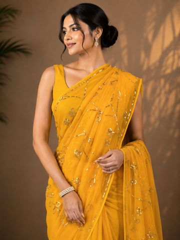 Ranas Mustard Yellow Color Sequins Work Designer Saree