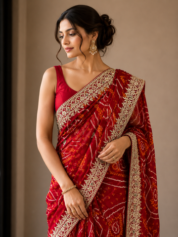 Ranas Gota Patti Work Red bandhej Saree