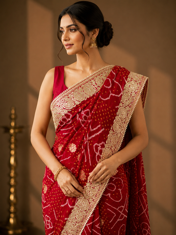 Ranas Gota Patti Work Bandhej Saree