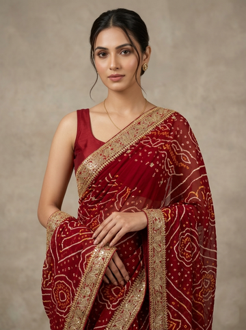 Ranas Red Color Marori & Sequine Work Bandhej Saree