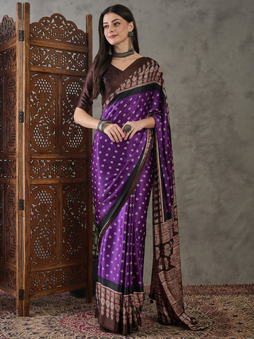 Ranas Brown & Purple Printed Designer Saree