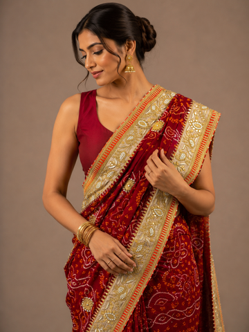 Ranas Red Bandhej Saree with Marori Work