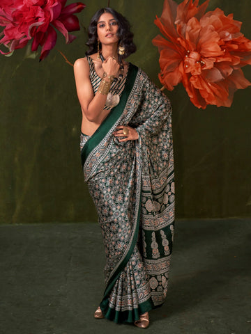 Ranas Classic Ajarakh Print Satin Crepe Saree