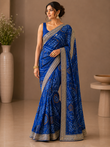 Ranas Blue Shaded Traditional Rajasthani Bandhej Saree