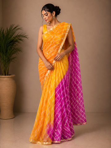 Ranas Gota Patti & Aari work Leheriya Saree