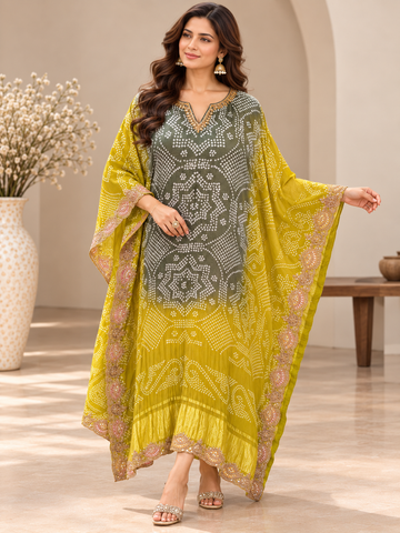 Ranas Olive Green Bandhej Gajji Silk Embroidered Kaftan