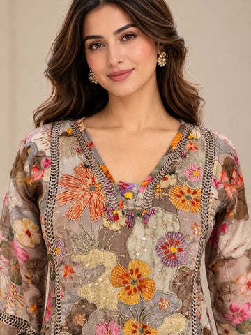 Ranas Printed Muslin Silk Embroidered Three-Piece Suit Set