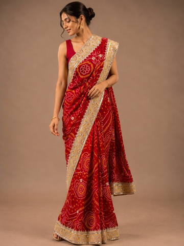 Ranas Red Bandhej Saree for Traditional Occasions