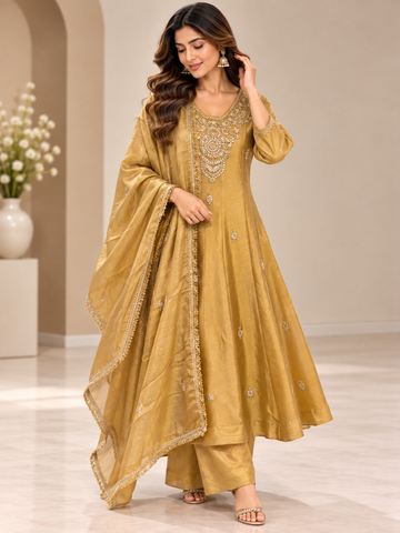 Ranas Sandy Brown Tissue Embroidered Anarkali Set
