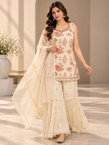 Ranas Off White Mul Chanderi Resham Plazo Set