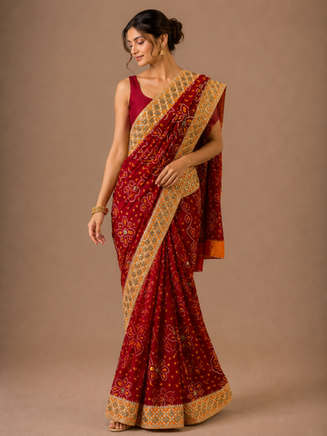 Ranas Traditional Red Bandhej Saree with gota & zardosi Work