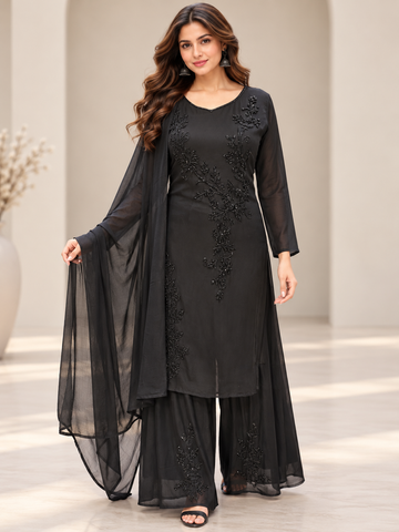 Ranas Black Chinon Embellished Three-Piece Suit Set