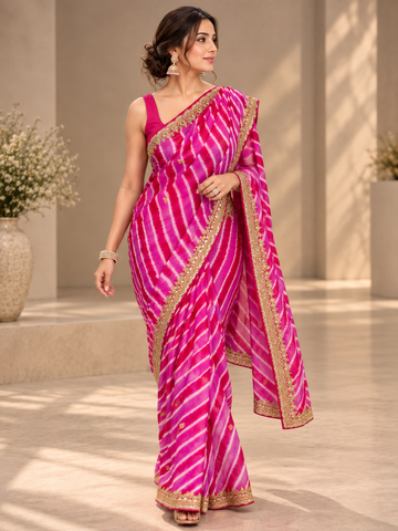 Rani & Pink Leheriya Tussar Silk Saree