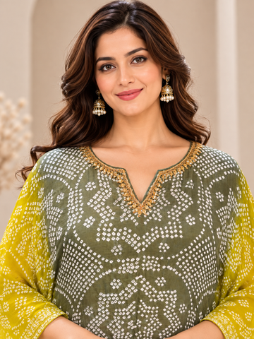 Ranas Olive Green Bandhej Gajji Silk Embroidered Kaftan