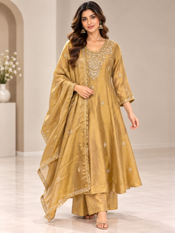 Ranas Sandy Brown Tissue Embroidered Anarkali Set