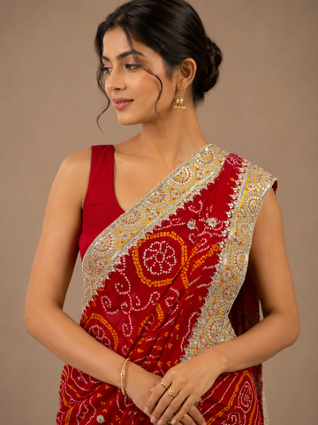 Ranas Red Bandhej Saree for Traditional Occasions