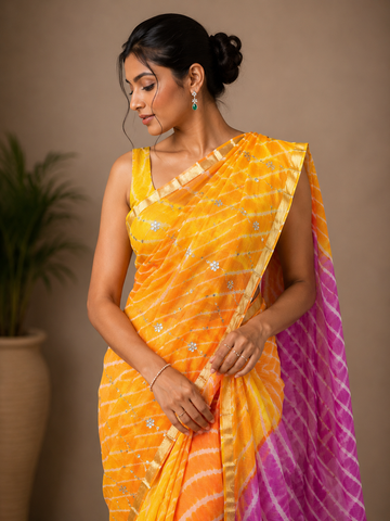 Ranas Gota Patti & Aari work Leheriya Saree