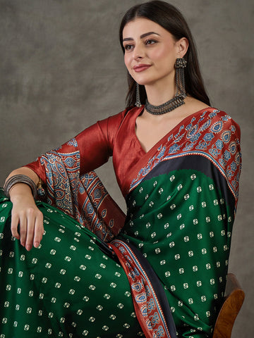 Ranas Green & Red Printed Designer Saree