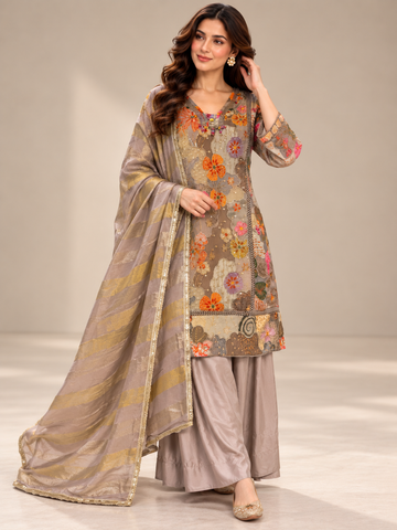 Ranas Printed Muslin Silk Embroidered Three-Piece Suit Set