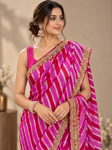 Rani & Pink Leheriya Tussar Silk Saree