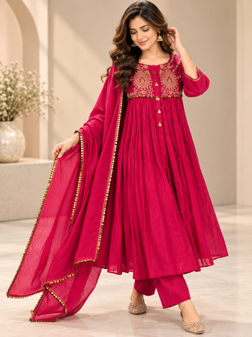 Ranas Rani Color Mul Cotton Embroidered Three-Piece Suit Set