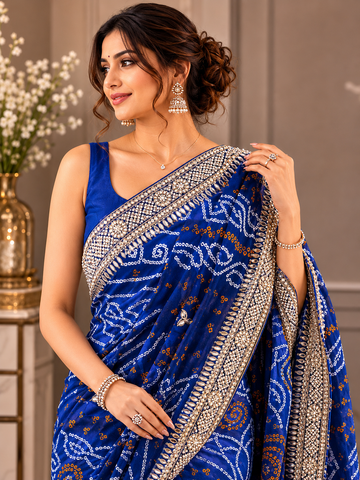 Ranas Blue Shaded Traditional Rajasthani Bandhej Saree