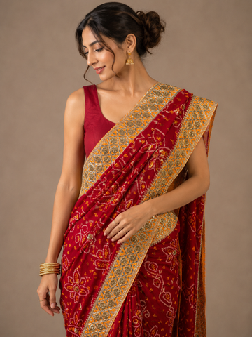 Ranas Traditional Red Bandhej Saree with gota & zardosi Work