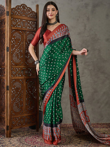 Ranas Green & Red Printed Designer Saree