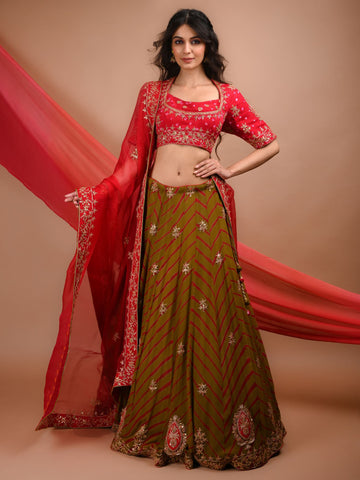 Ranas Mehendi Green Leheriya Lehenga