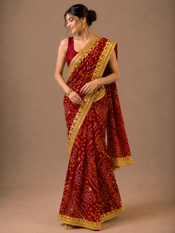 Ranas Royal Red Bandhej Saree with Sequin & Marori Work