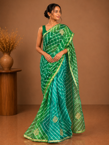 Ranas Green Color Pittan Work Leheriya Saree