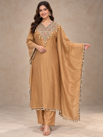 Ranas Peach Tissue Organza Embroidered Kaftan Set