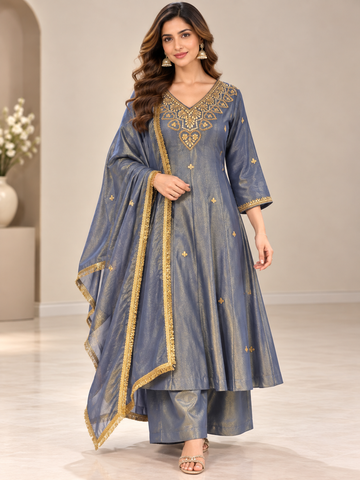 Ranas Blue-Grey Tissue Embroidered Anarkali Set